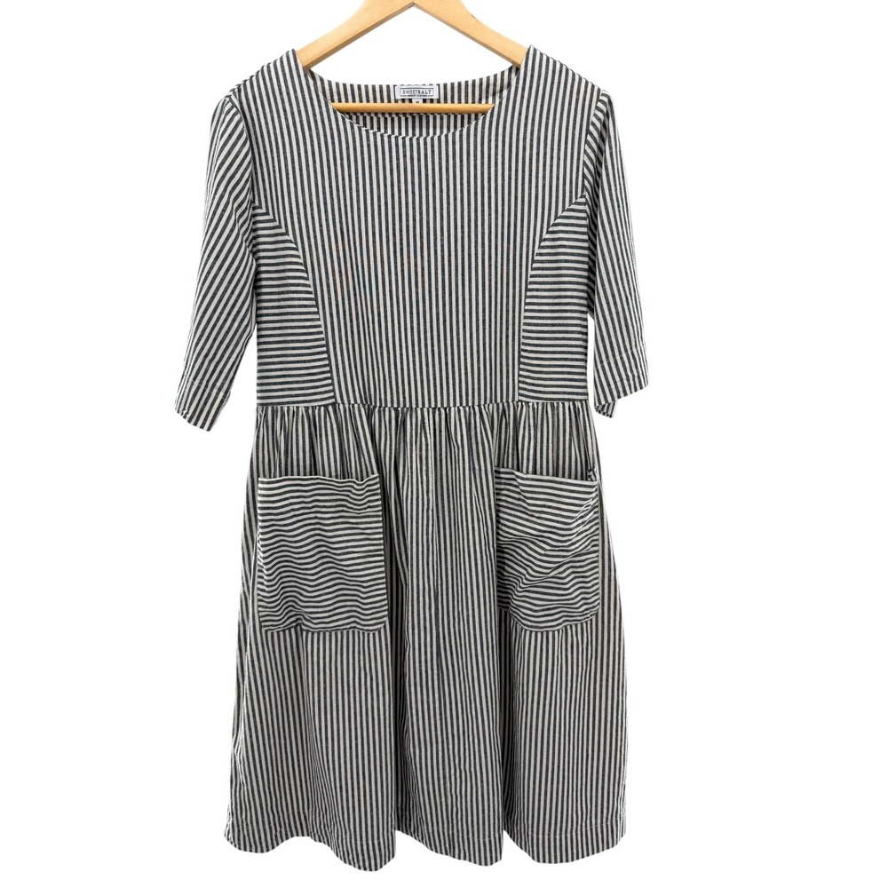 Sweet Salt Modest Clothing Black White Striped Cotton Midi Dress Pockets Medium